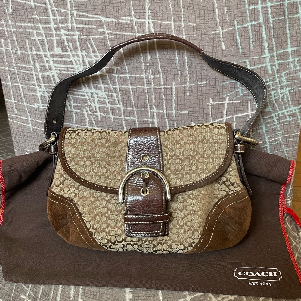 Coach Brown Leather Trim Shoulder Bag with Signature Monogram
